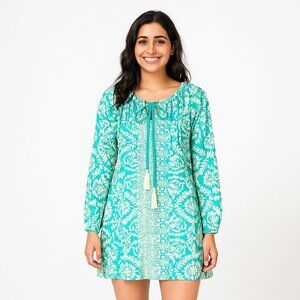 Taj by Sabrina Crippa Green Embroidered Tiered Mini Dress Long Sleeve Size Small